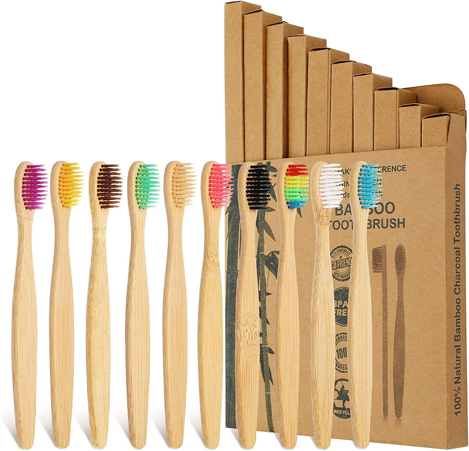 Brosses à dents avec poils colorés et manches en bambou, dans un emballage marron.