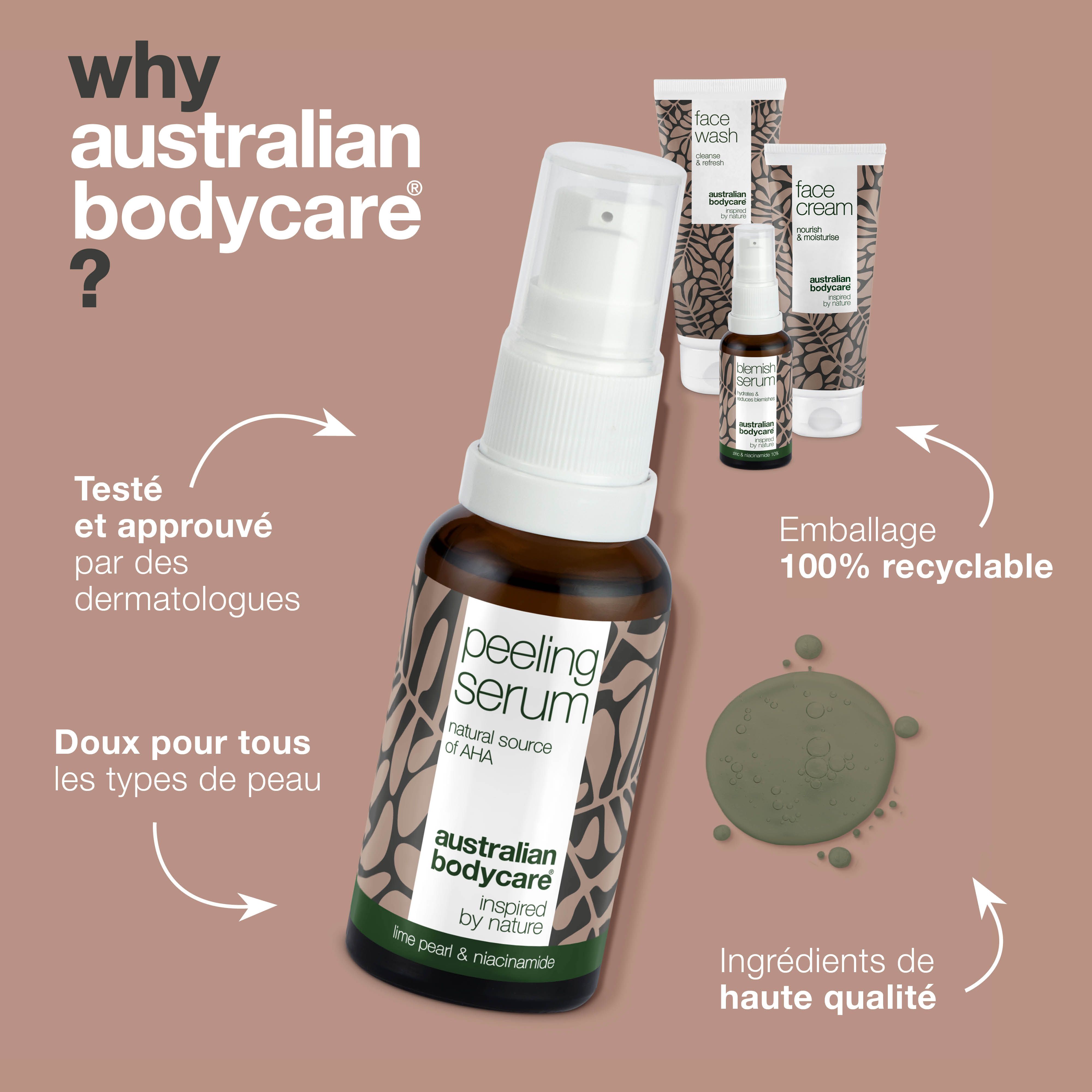 Flacon de Peeling Serum avec vaporisateur. Marque : Australian Bodycare. Texte : Emballage 100% recyclable. Ingrédients de haute qualité.