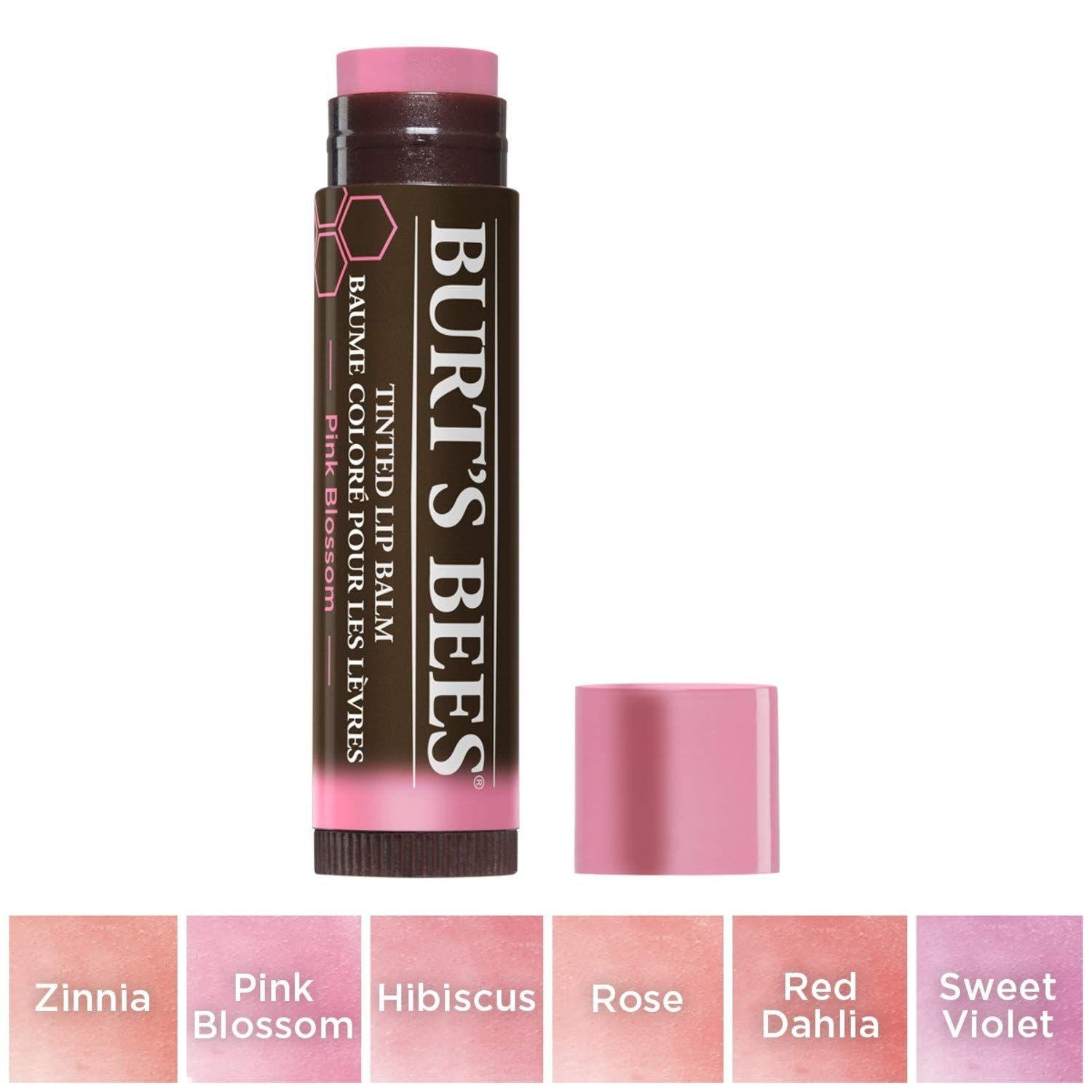 Baume à lèvres Pink Blossom de Burt's Bees avec couvercle ouvert. Palette de 6 teintes.