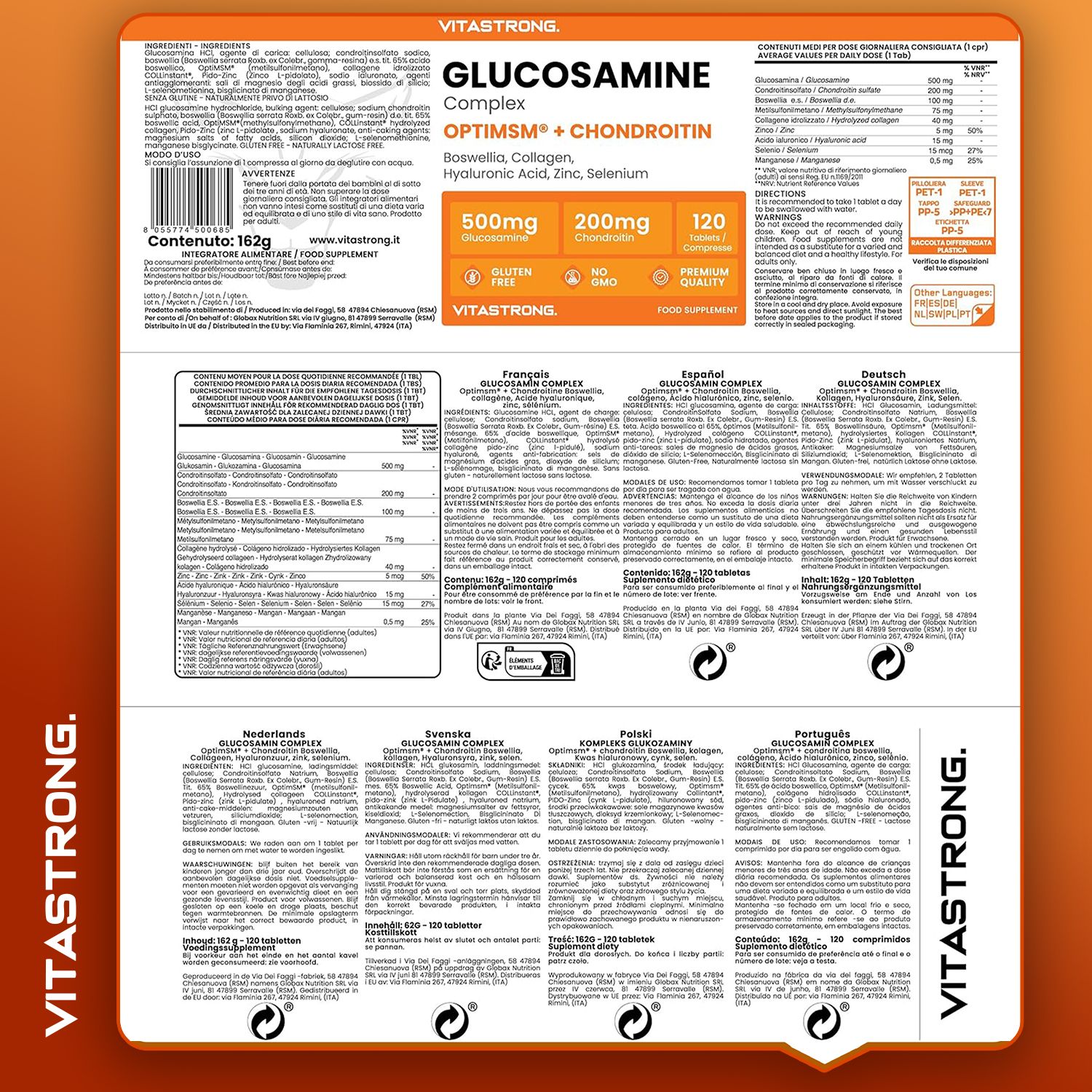 Dos de l'emballage Vitastrong Glucosamine + Chondroïtine. Texte en plusieurs langues. Fond orange. Logo Vitastrong.