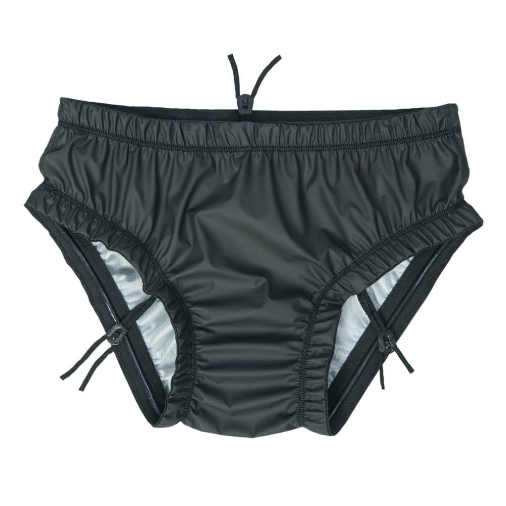 Zwarte veiligheidsslip met touwtjes en elastiek. Binnenvoering zichtbaar. Detailweergave.