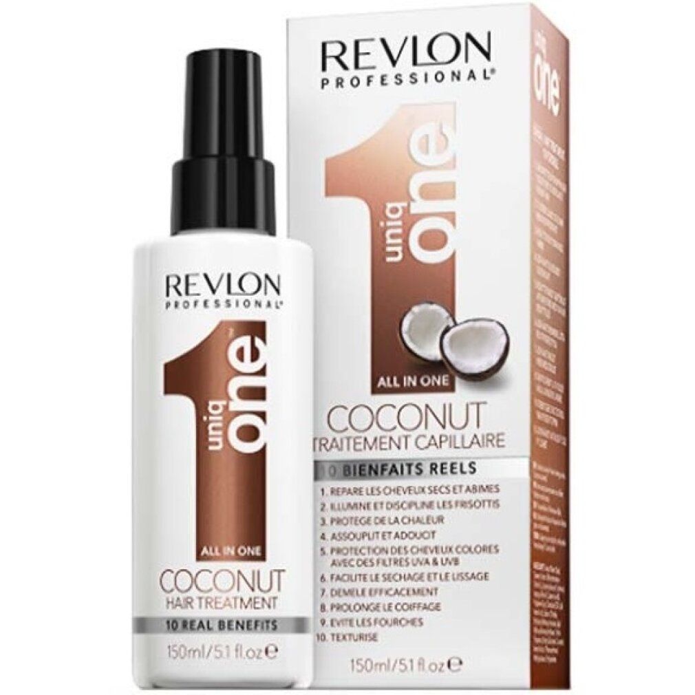 Revlon Professional Uniq One Coconut Hair Treatment et emballage. Flacon blanc, vaporisateur noir. Inscription: Uniq One, Coconut, 10 Real Benefits.