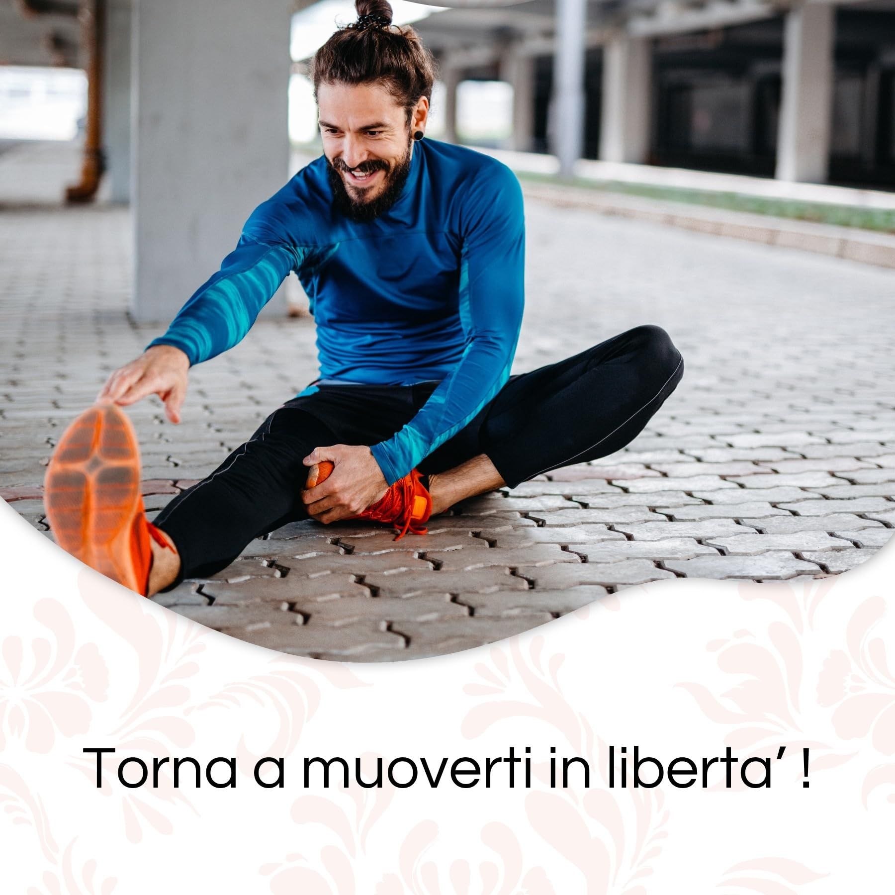 Man die zich buiten uitrekt. Hij draagt sportkleding. Tekst: Torna a muoverti in libertà!