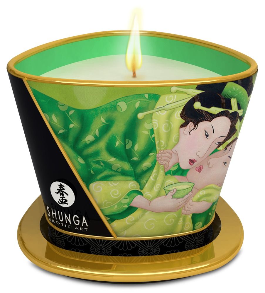Brandende massagekaars met groen design en Aziatische afbeelding.