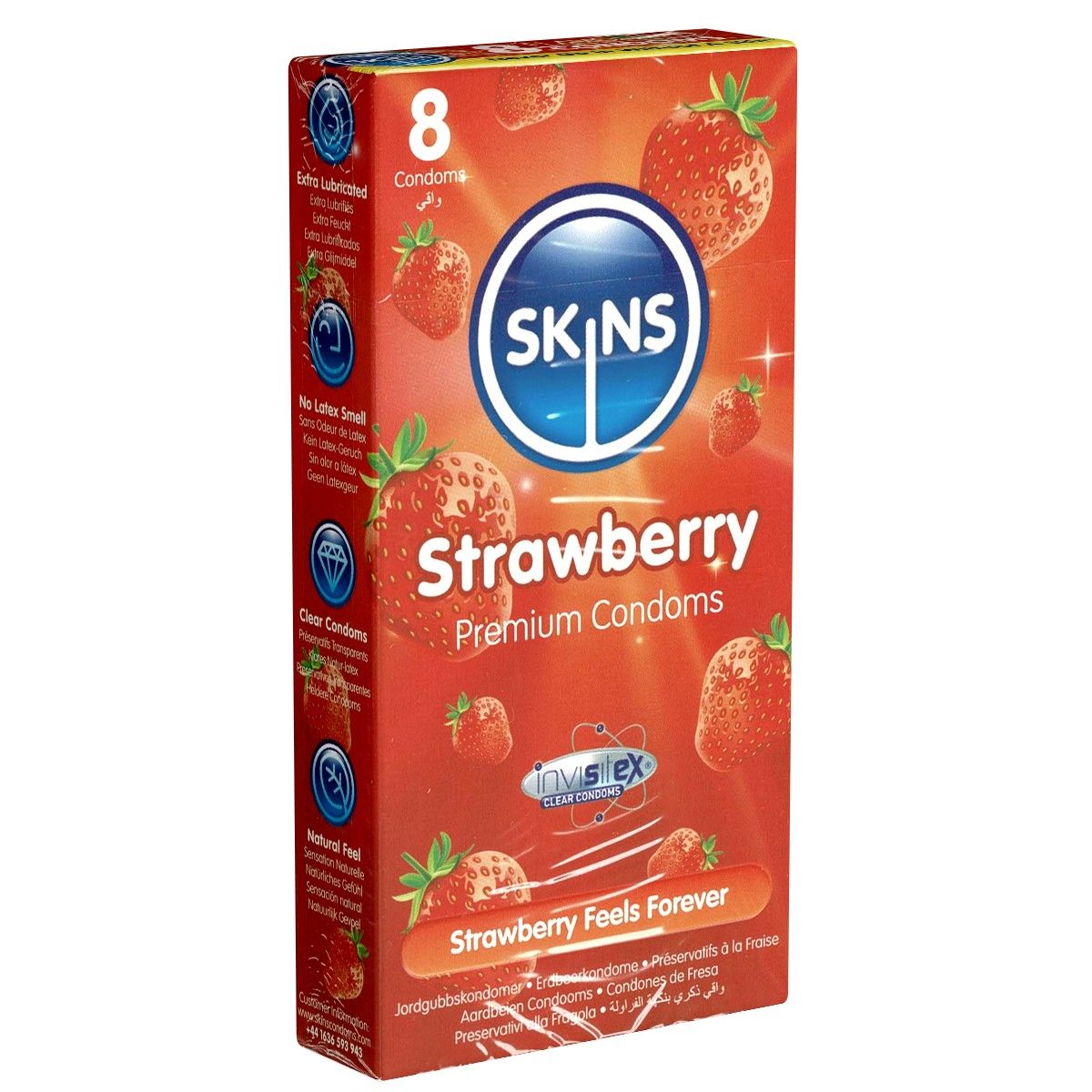 Boîte de préservatifs saveur fraise. Inscription: SKINS, Strawberry, 8 préservatifs. Emballage rouge avec fraises.