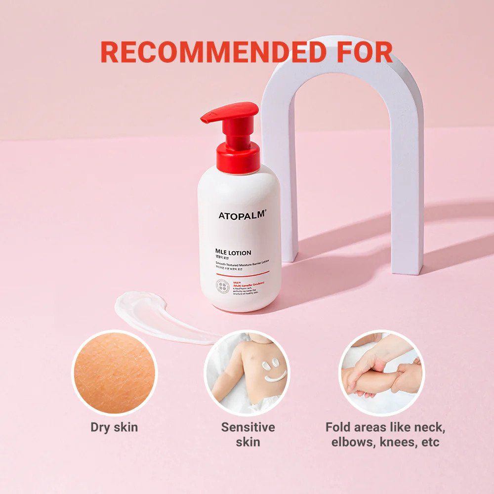 Product met rode pomp, omringd door illustraties. Tekst: RECOMMENDED FOR. Illustraties: droge huid, gevoelige huid, huidplooien.