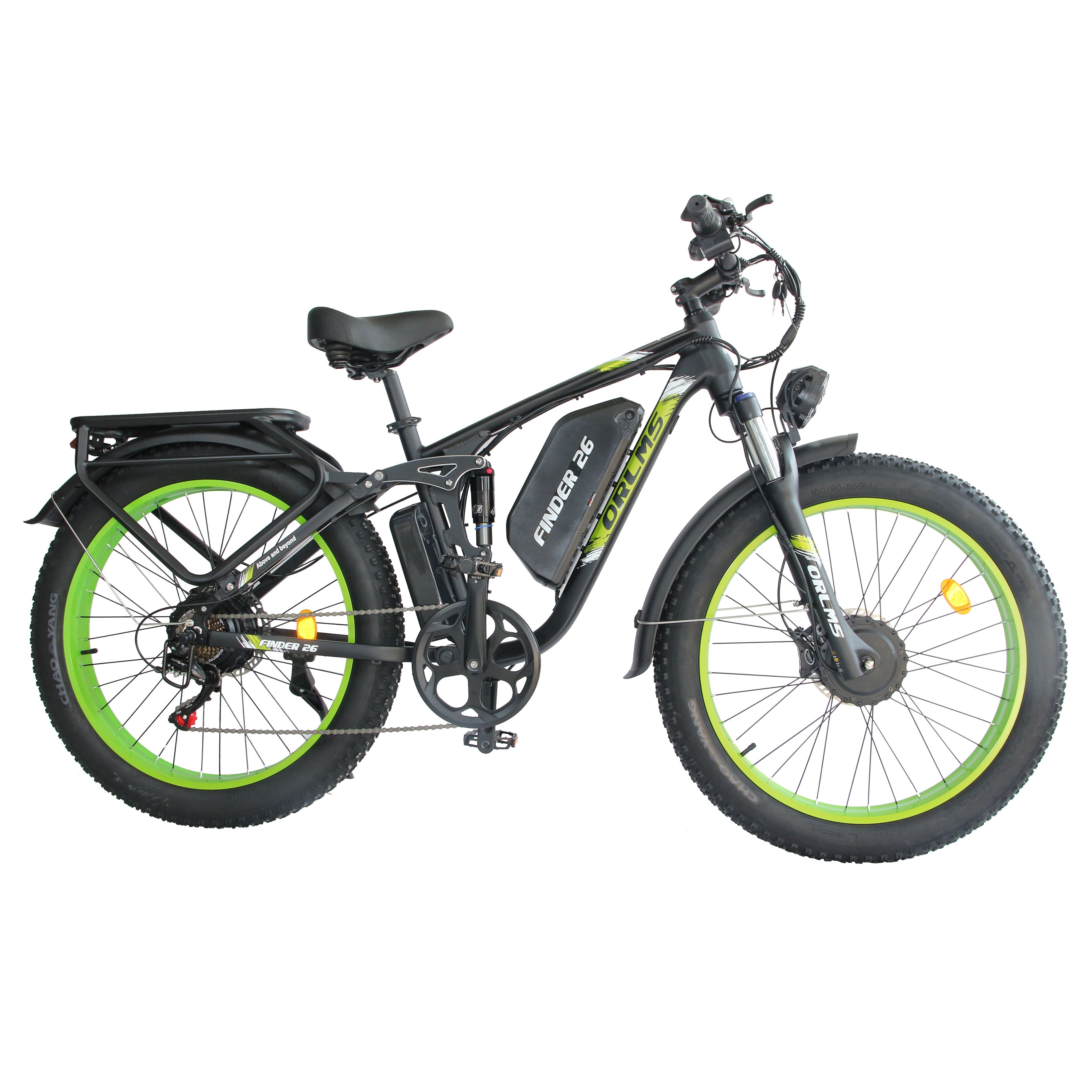 VTT électrique ORLMS Finder 26. Noir, jantes vertes. Batterie sur cadre. Porte-bagages. Phare.