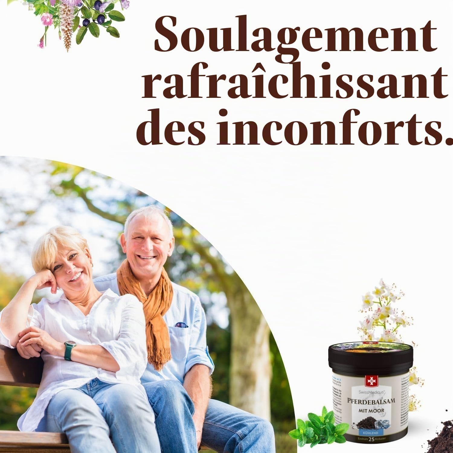 Un couple âgé assis souriant sur un banc de parc. À côté, un pot avec l'inscription 'PFERDEBALSAM MIT MOOR'.