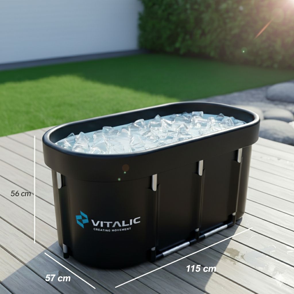 Bain de glace noir avec glaçons. Dimensions : 115x57x56 cm. Logo VITALIC.