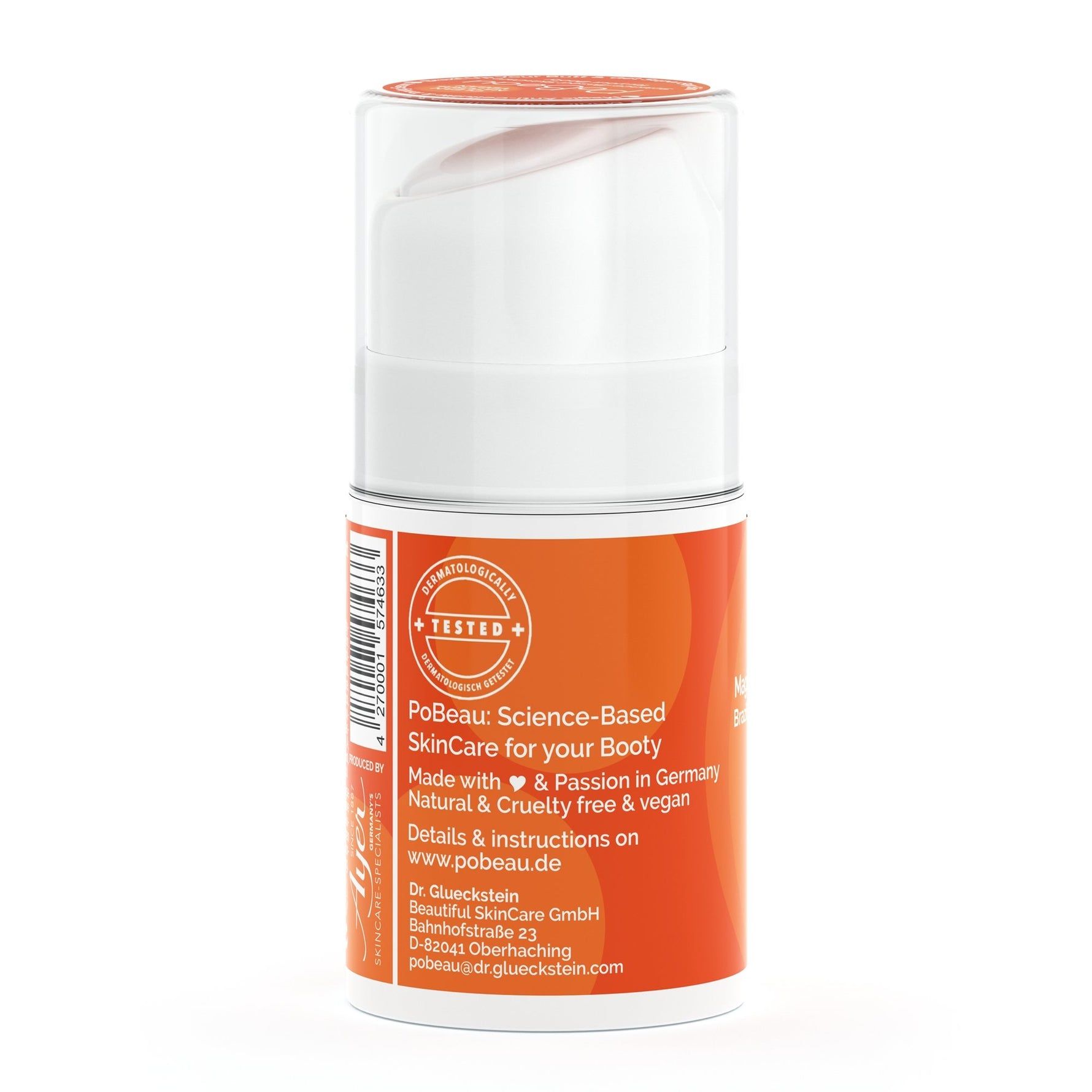 Vue arrière d'un flacon cylindrique avec étiquette orange. Texte: PoBeau, Science-Based SkinCare. Tête de pompe blanche.