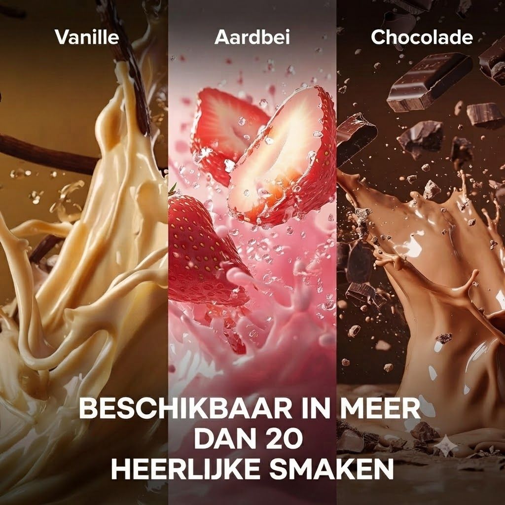 Drie verticale banen tonen vanillecrème, aardbeien in roze vloeistof en chocoladestukken in bruine vloeistof. Tekst: 'Beschikbaar in meer dan 20 heerlijke smaken'.