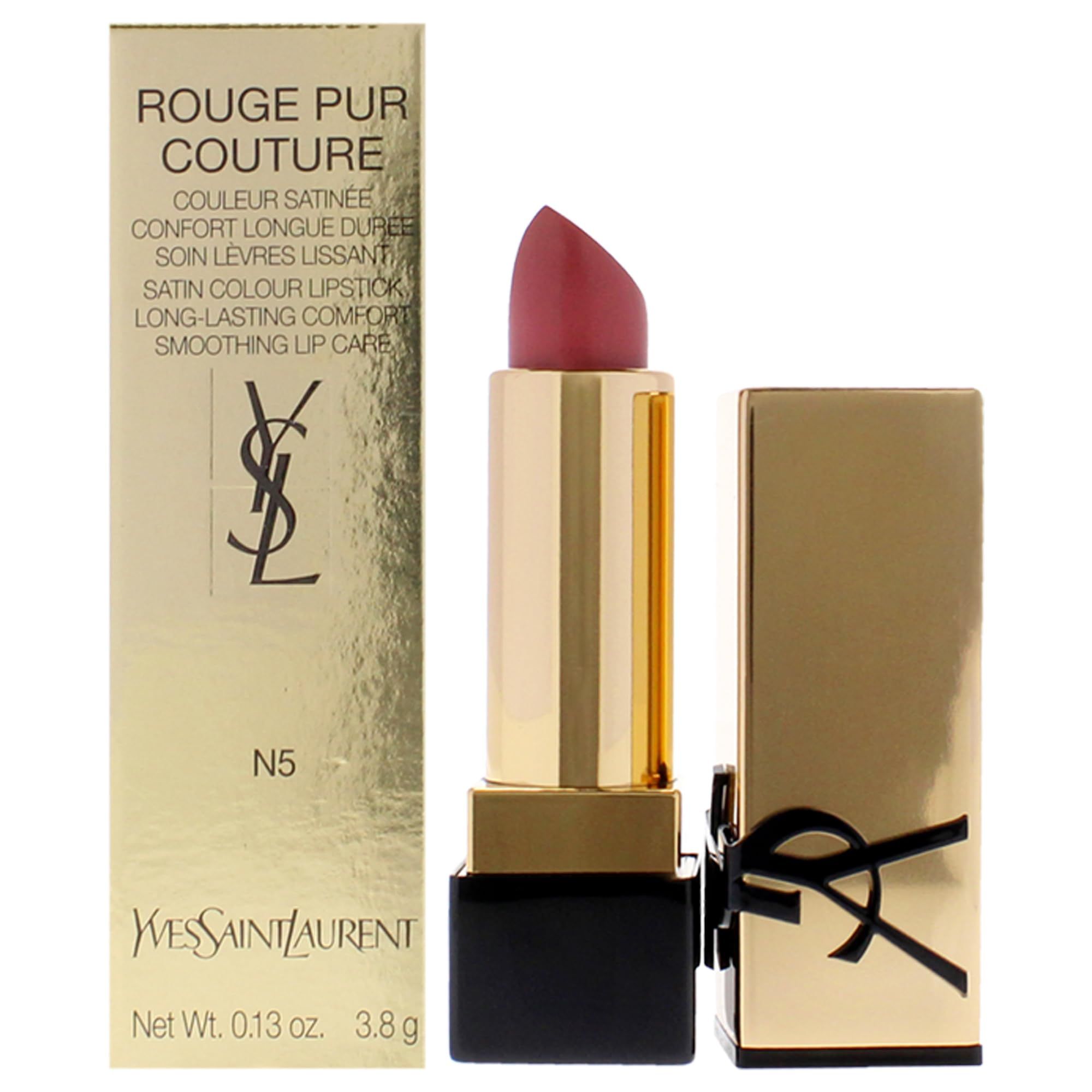 Lippenstift met gouden huls en zwarte basis. Op de verpakking staat "Rouge Pur Couture" en "Yves Saint Laurent".
