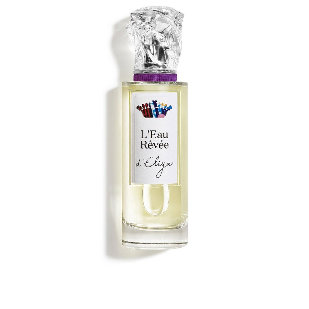 Flacon de parfum en verre transparent avec bouchon argenté. L'étiquette indique 'L'Eau Rêvée d'Eliya'.