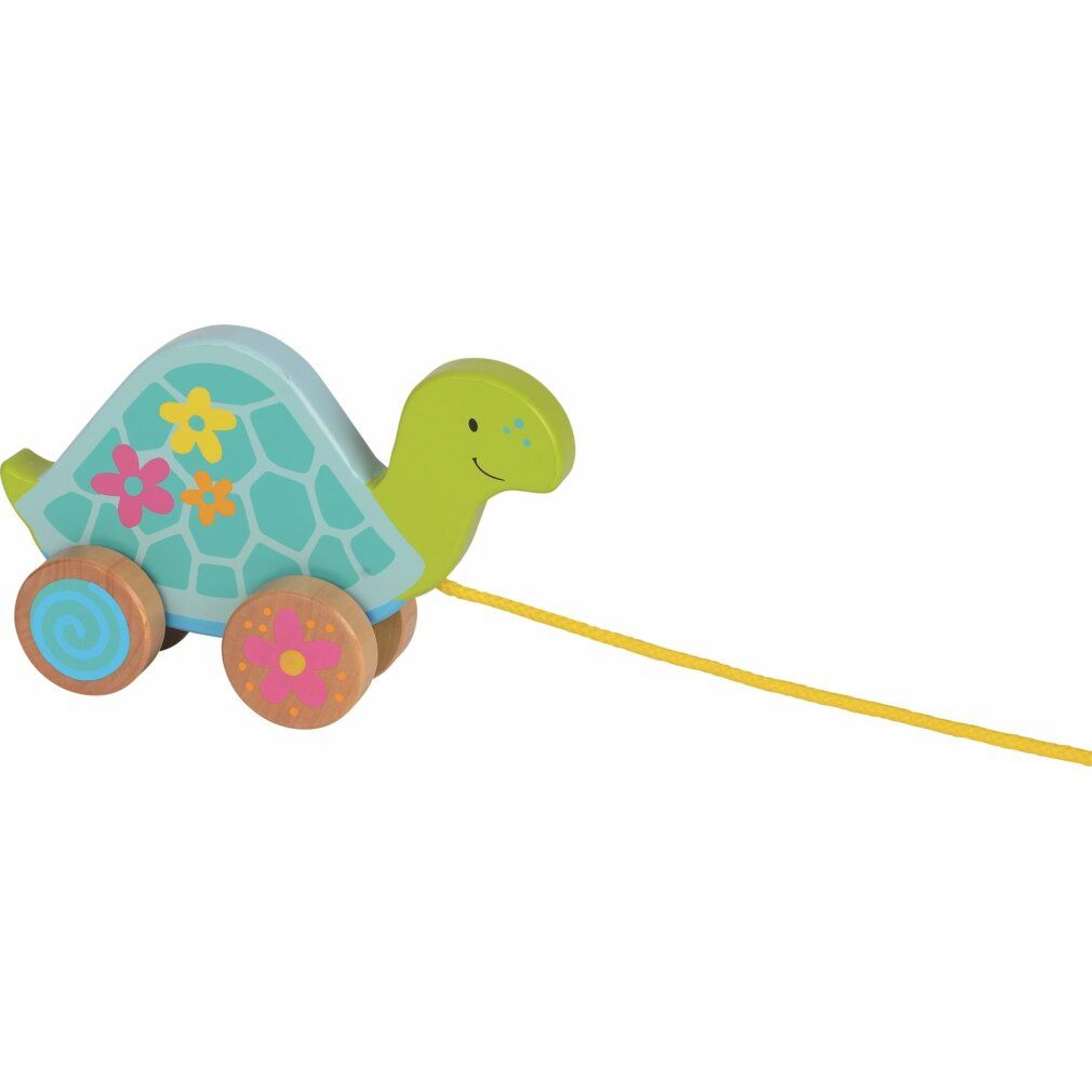 Tortue en bois à tirer, avec roues et cordon jaune. Carapace bleue avec fleurs. Roues en bois avec motifs floraux.