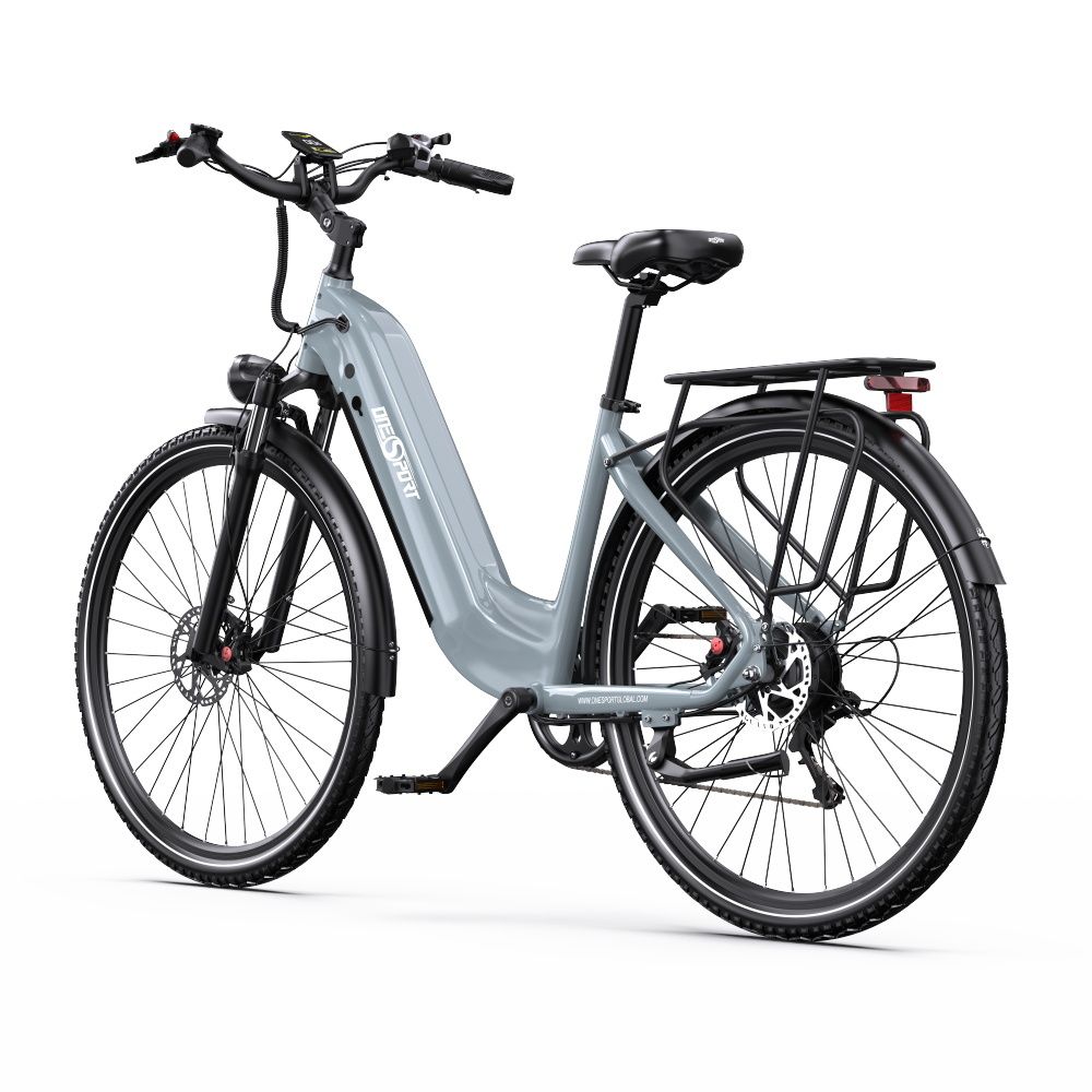 Grijze e-bike met zwarte banden en bagagedrager. Het 'Onesport'-logo is zichtbaar.