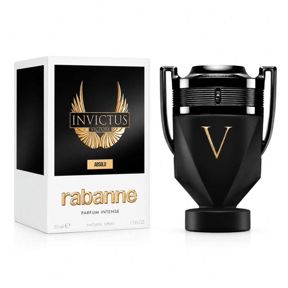 Flacon et emballage Rabanne Invictus Victory Absolu. Flacon trophée noir avec 'V' dorée.