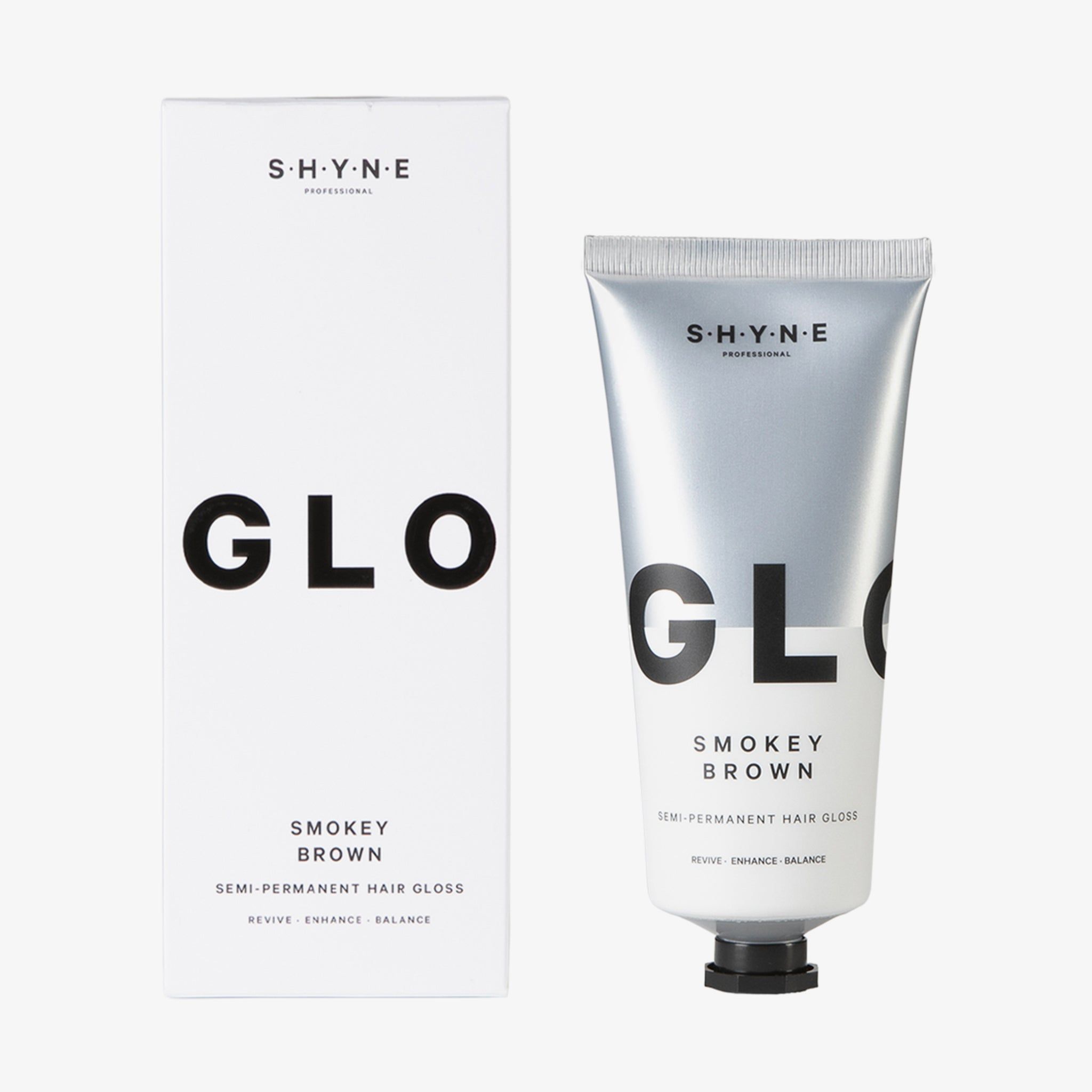 Emballage et tube. Inscription: SHYNE, GLO, Smokey Brown, Semi-Permanent Hair Gloss.