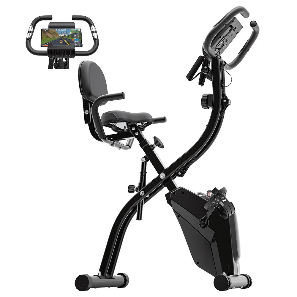 Vélo d'appartement noir avec écran, siège et poignées. Smartphone avec application d'entraînement.