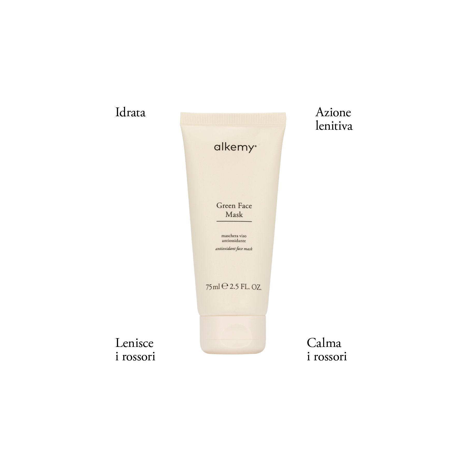 Tube blanc Alkemy Green Face Mask avec texte sur fond blanc.