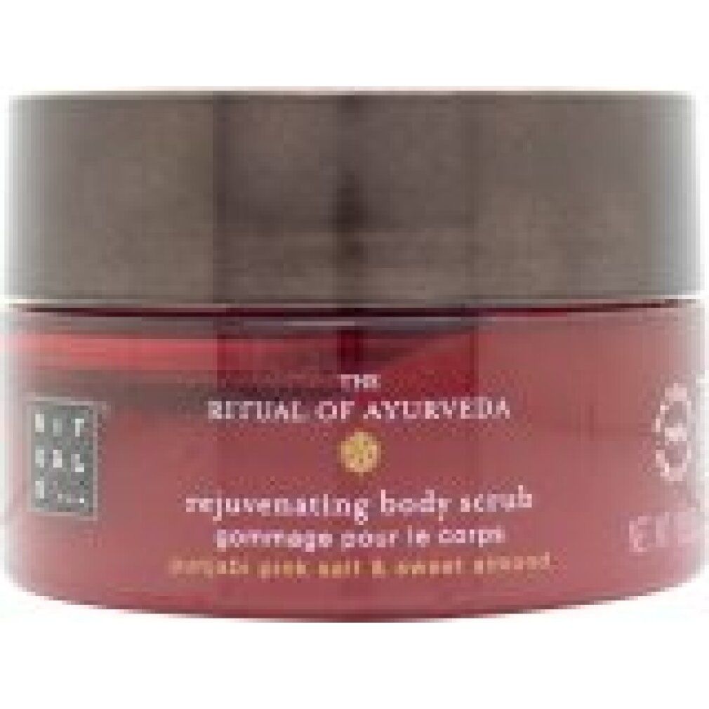 Rode pot met bruin deksel. Opschrift: The Ritual of Ayurveda, rejuvenating body scrub, Punjabi pink salt & sweet almond.