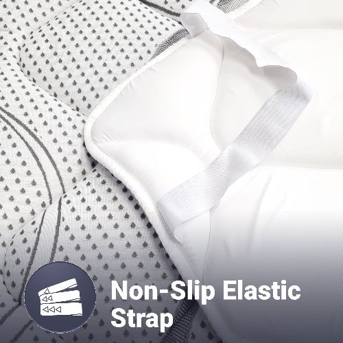 Close-up van een matrasbeschermer met 'Non-Slip Elastic Strap' icoon.