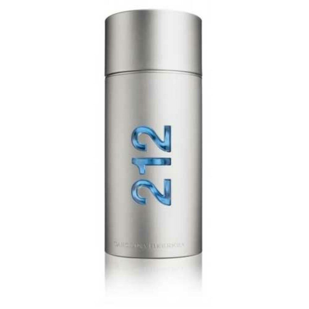 Flacon argenté avec les chiffres bleus "212" et le nom "Carolina Herrera".