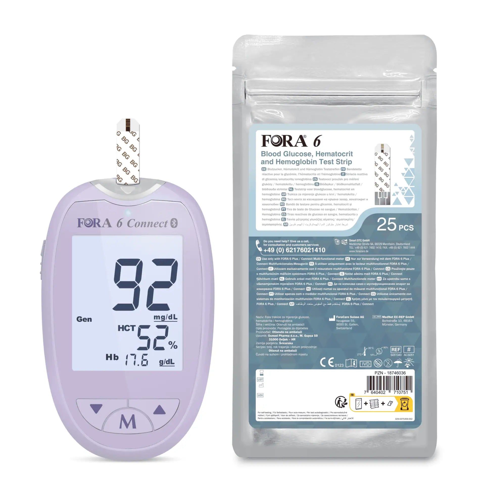 Paarse bloedglucosemeter met display en een pak teststrips.