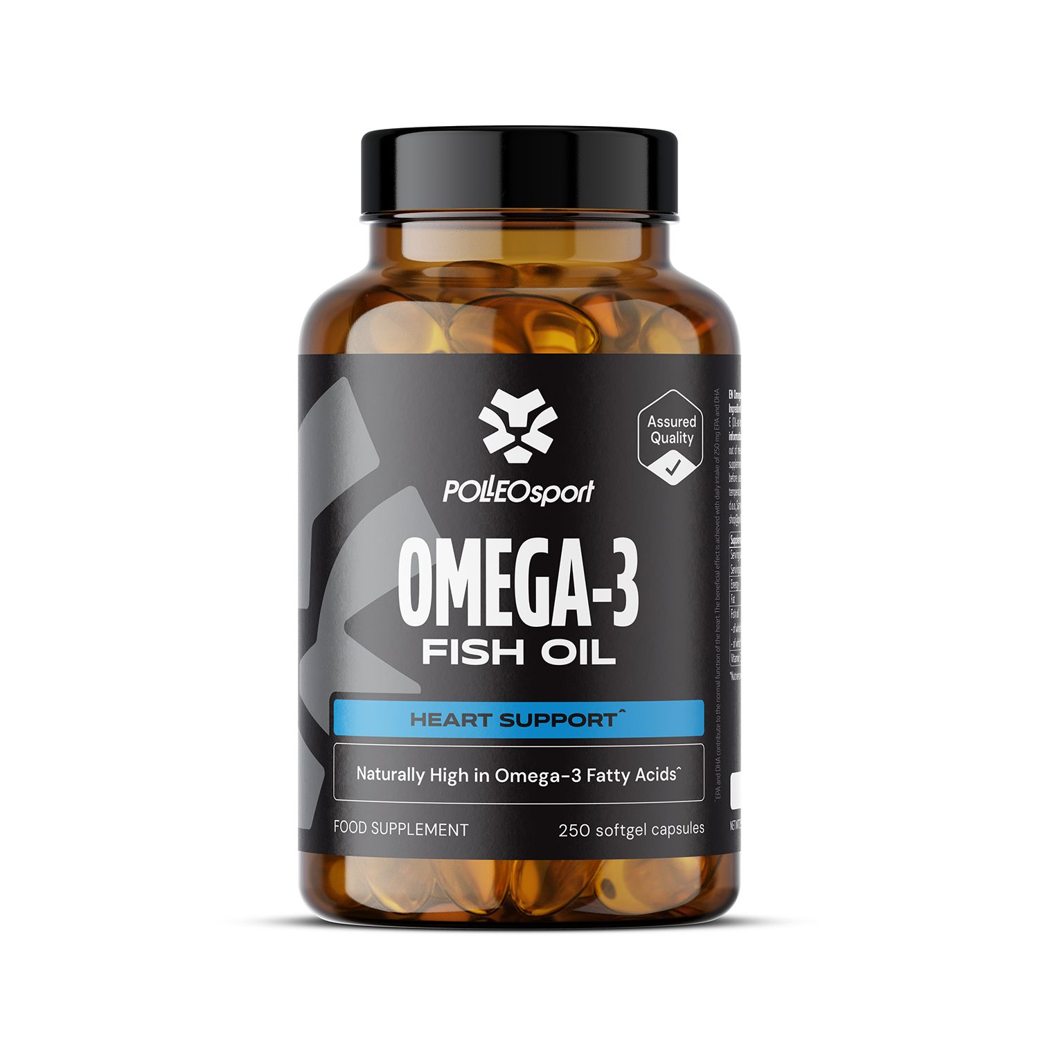 Bruine fles met Omega-3 capsules. Zwart etiket met witte tekst. "PolleoSport" en "Omega-3 Fish Oil" duidelijk zichtbaar. "250 softgel capsules".