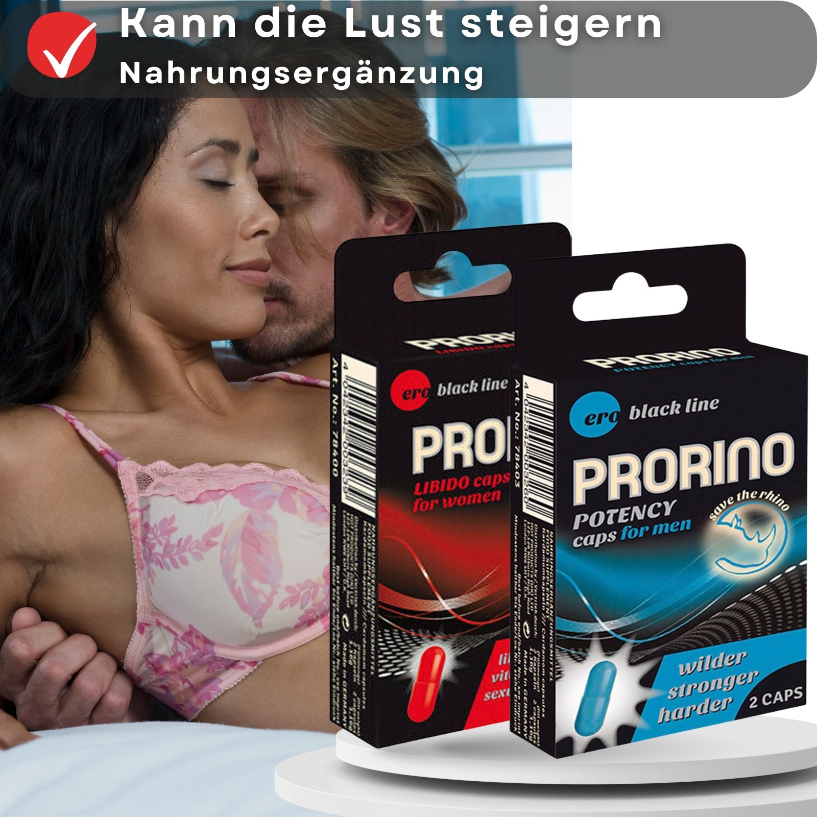 Twee dozen Prorino. Tekst: Kan het verlangen vergroten. Achtergrond: stel dat elkaar omhelst.