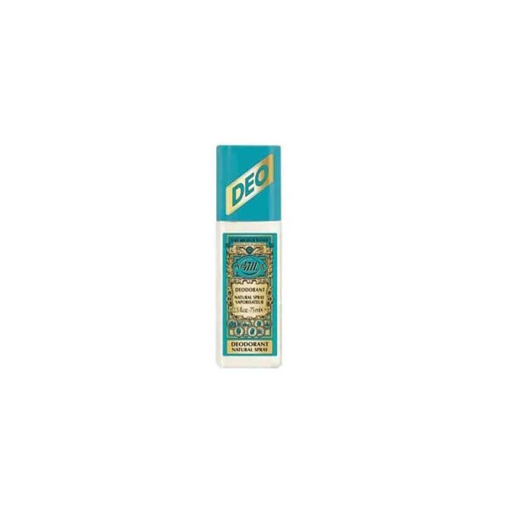 Spray déodorant avec bouchon turquoise. Inscription : DEO. Inscription : 4711 Deodorant Natural Spray. Flacon transparent.