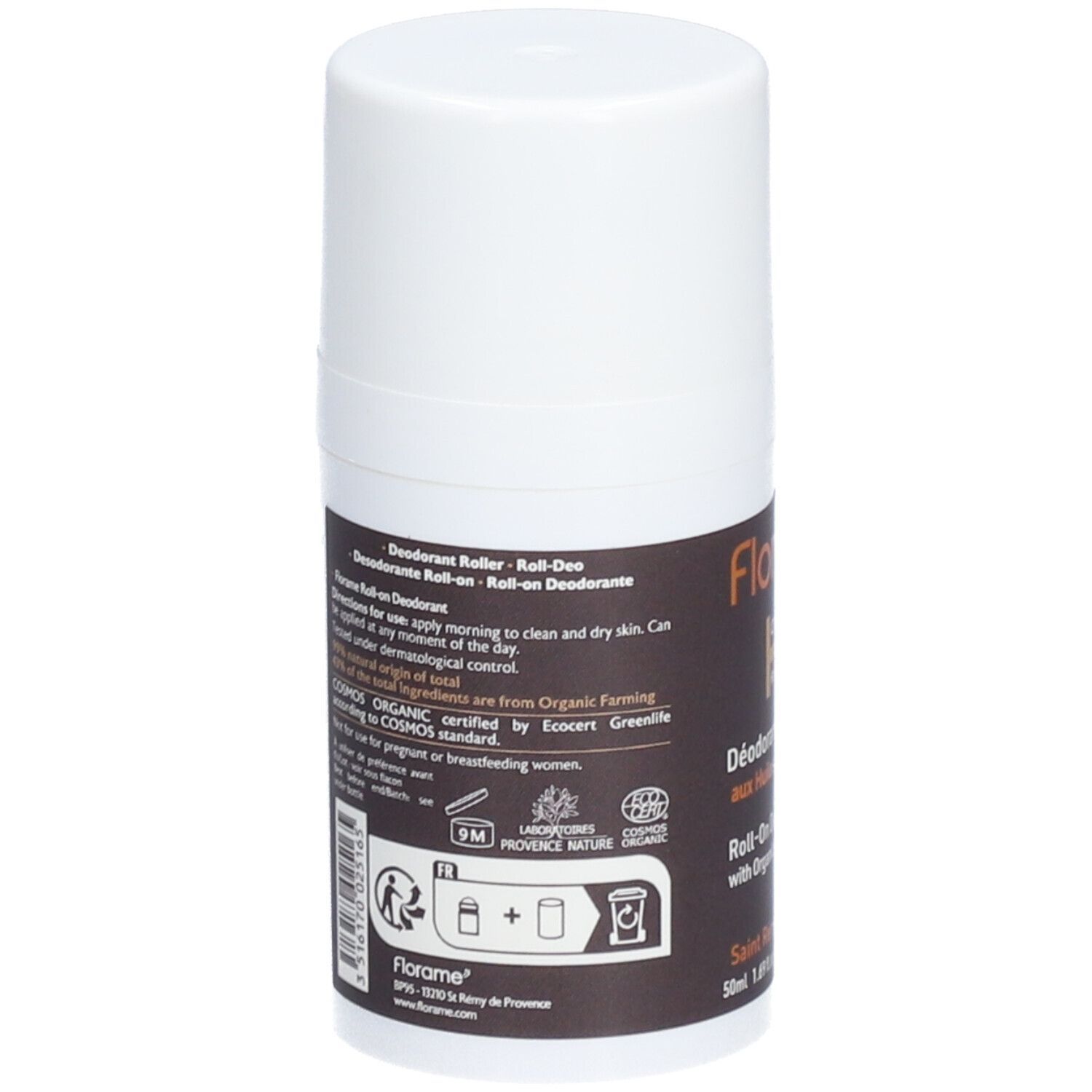 Achterkant van de roll-on deodorant. Witte fles met bruin etiket. Tekst: Florame, gebruiksaanwijzing, Bio-certificering.