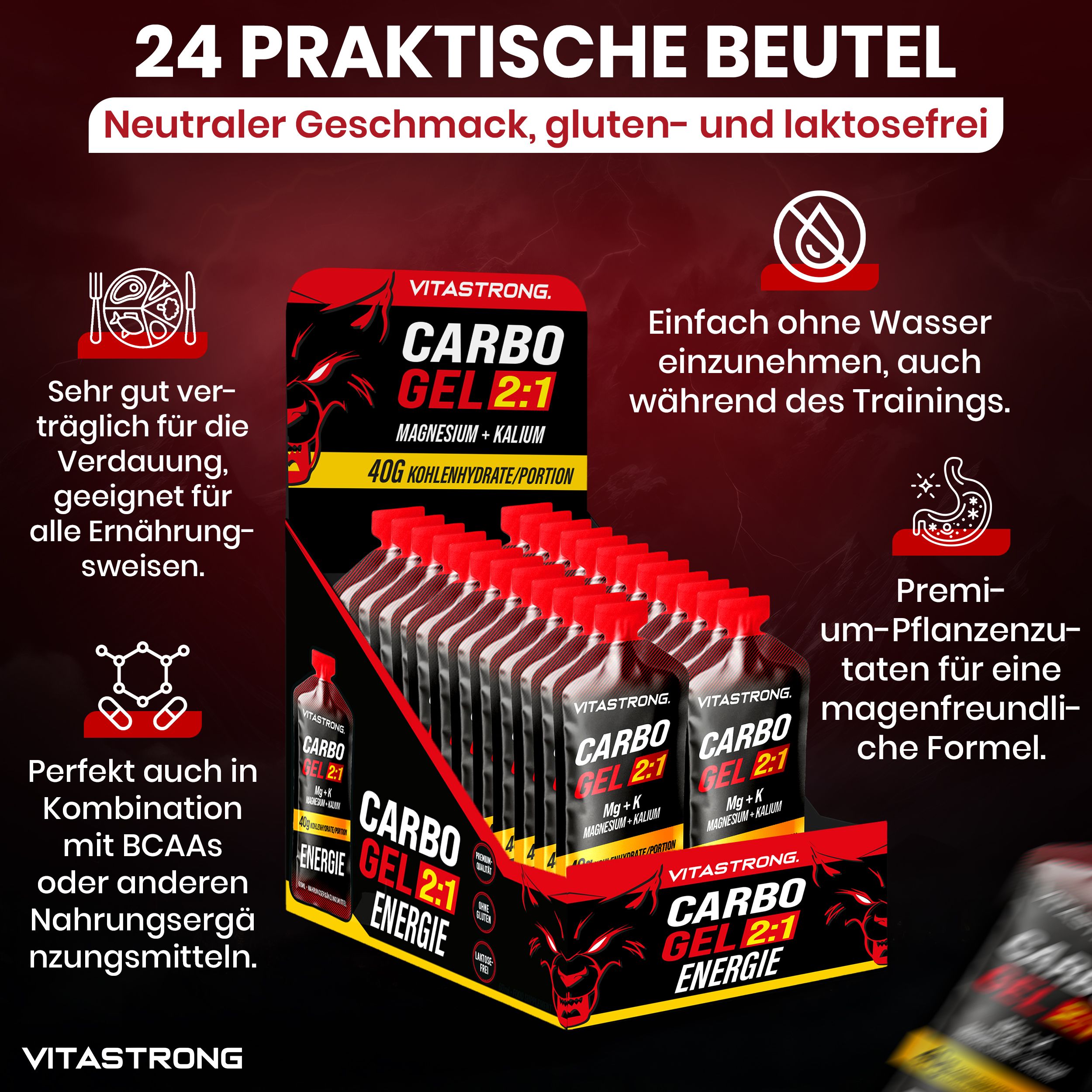 Vitastrong CARBO GEL 2:1. Display met 24 portieverpakkingen. Tekst: Glutenvrij, lactosevrij. Voor spijsvertering. Zonder water.