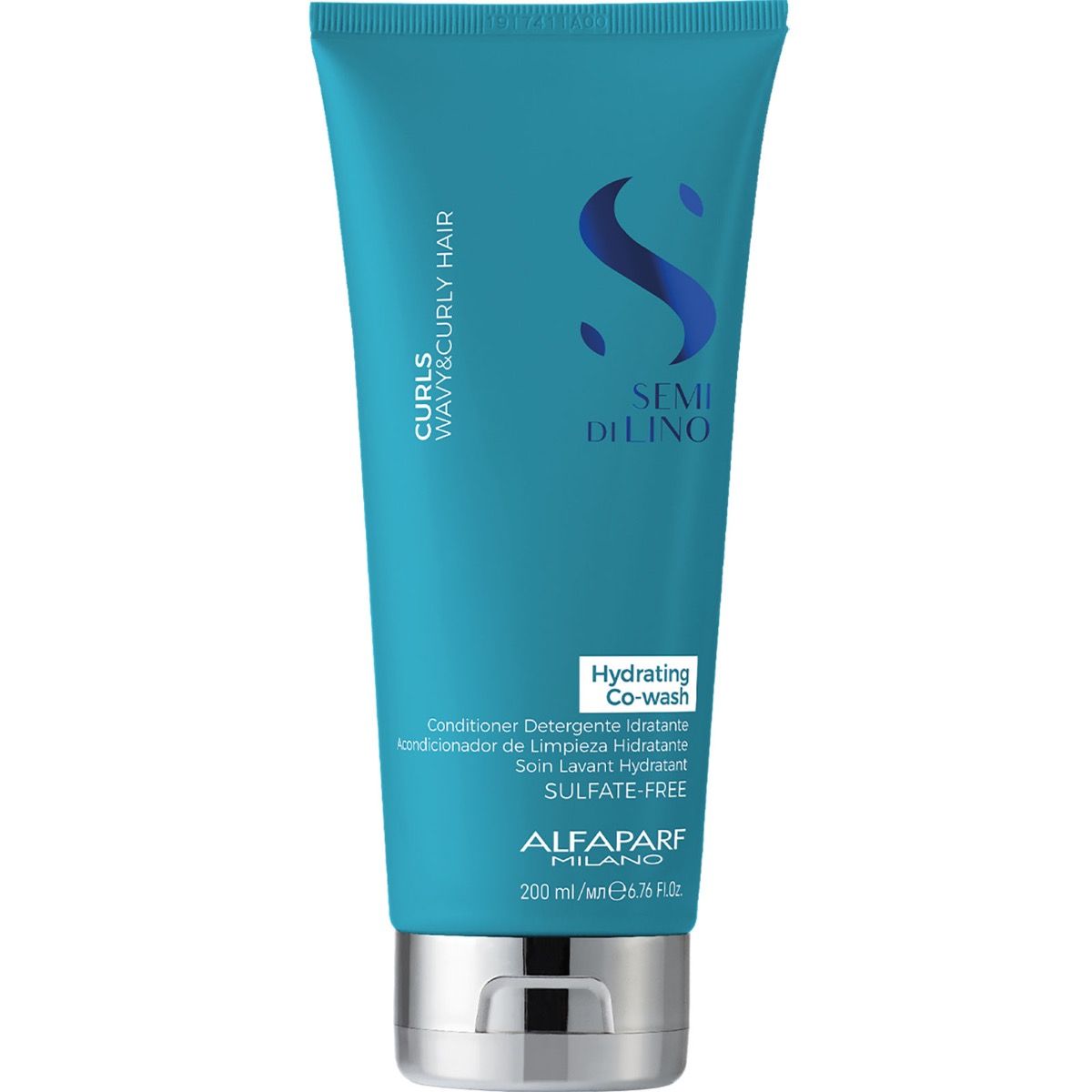 Turquoise tube met zilveren dop, Alfaparf Semi di Lino Hydrating Co-wash voor krullend haar.