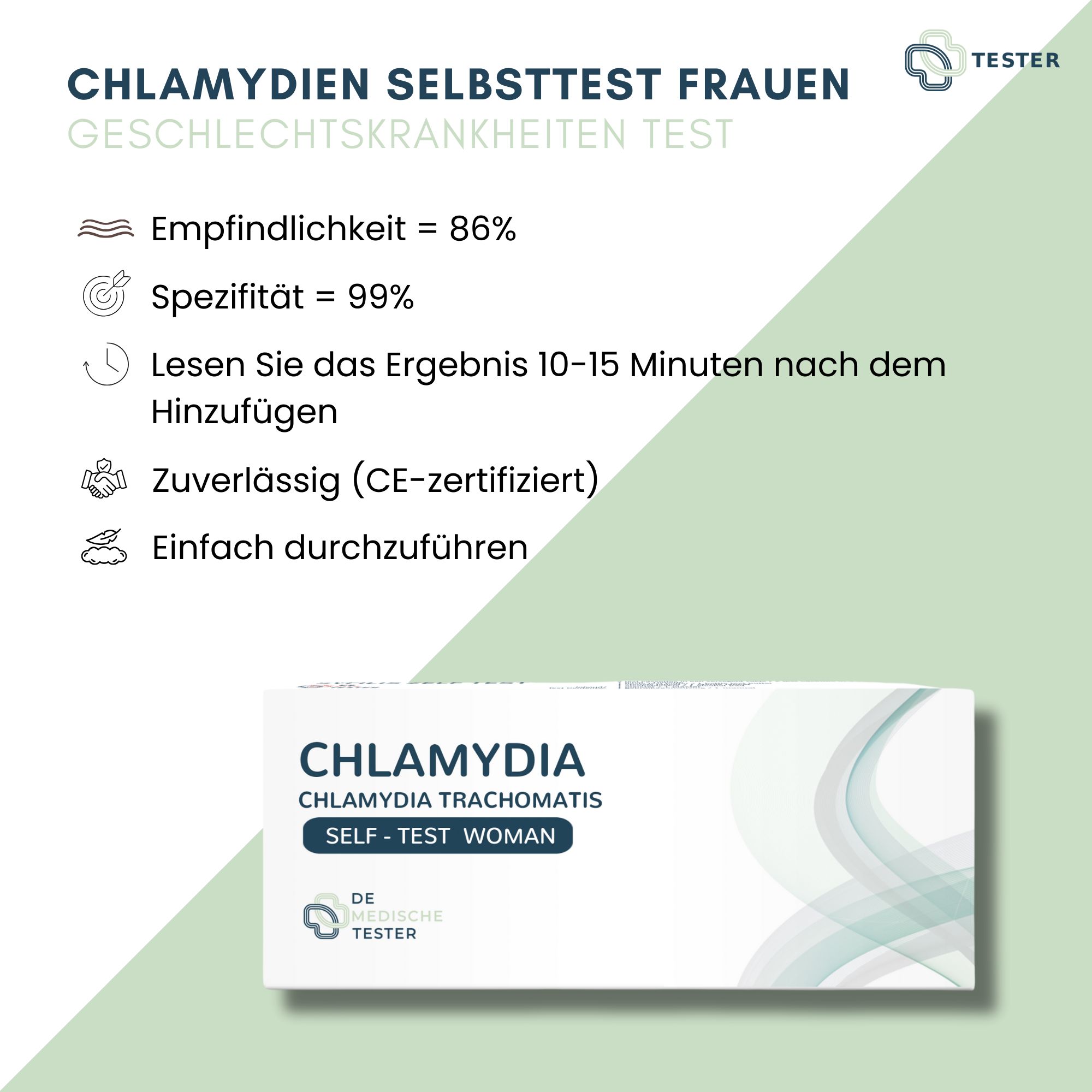 Infographie sur l'autotest de la chlamydia. Contient des informations sur la sensibilité, la spécificité et le résultat du test. Emballage du produit en bas.