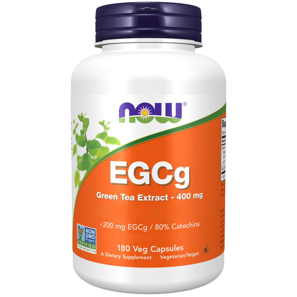 Flacon blanc, bouchon bleu. Inscription: EGCg Green Tea Extract 400 mg. 180 Veg Capsules. Certification OGM.