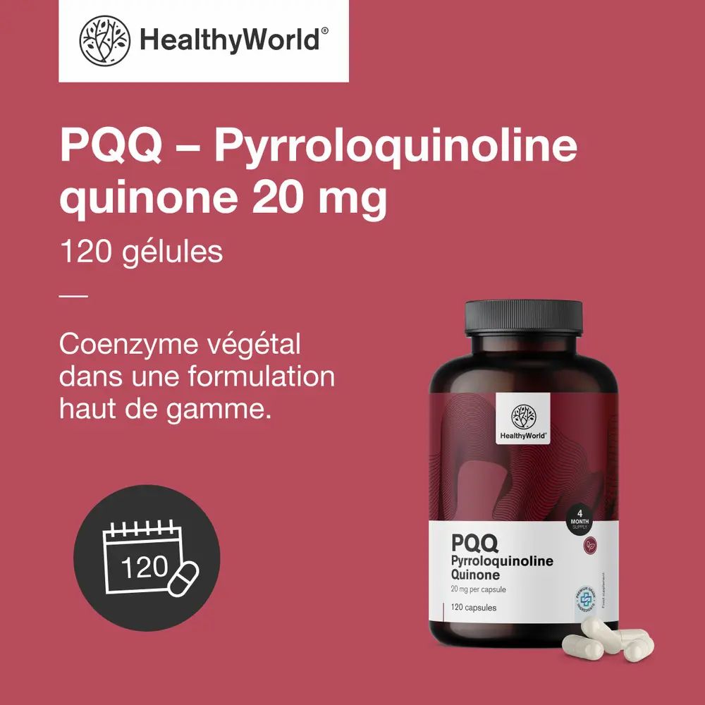 Flacon et texte : PQQ Pyrrolochinoline Quinone 20 mg, 120 gélules. Coenzyme. Marque : HealthyWorld.