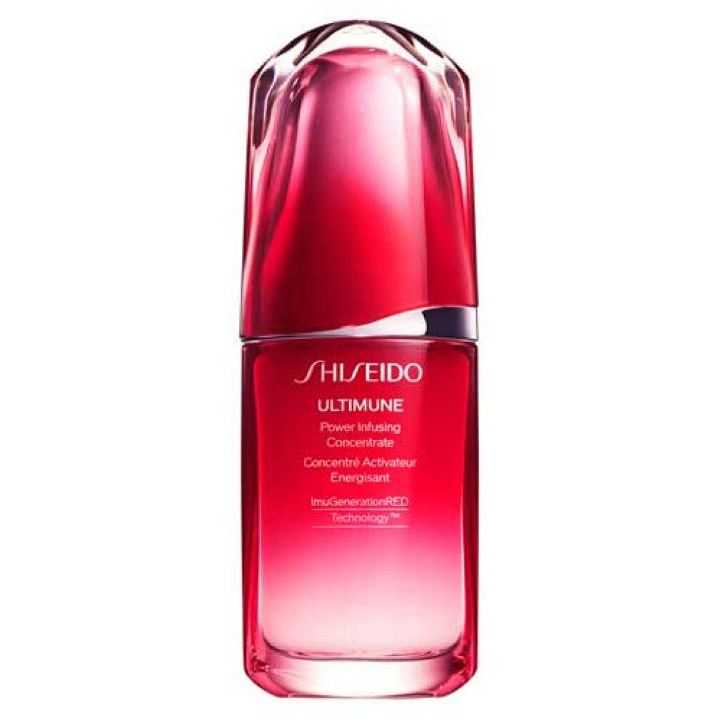 Flacon rouge et transparent. Inscription SHISEIDO ULTIMUNE Power Infusing Concentrate. Dégradé de rouge à transparent.