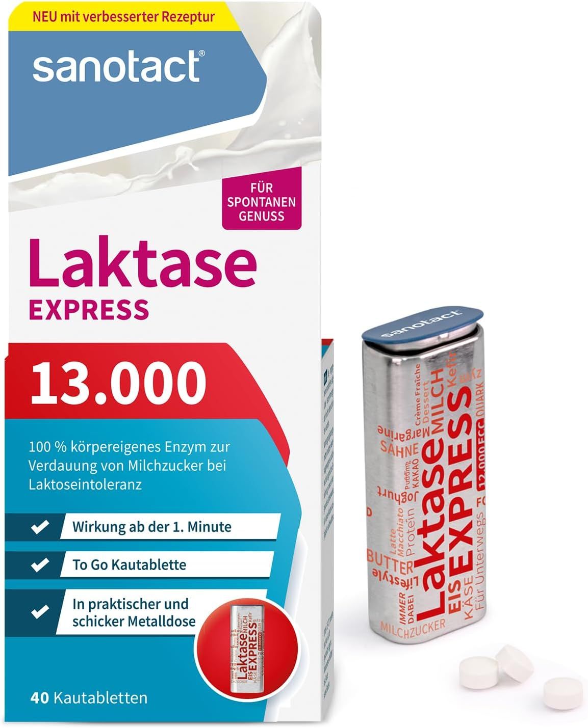 Verpakking en metalen doosje sanotact Laktase 13.000 EXPRESS. Bevat tabletten. Verpakking met productinformatie.