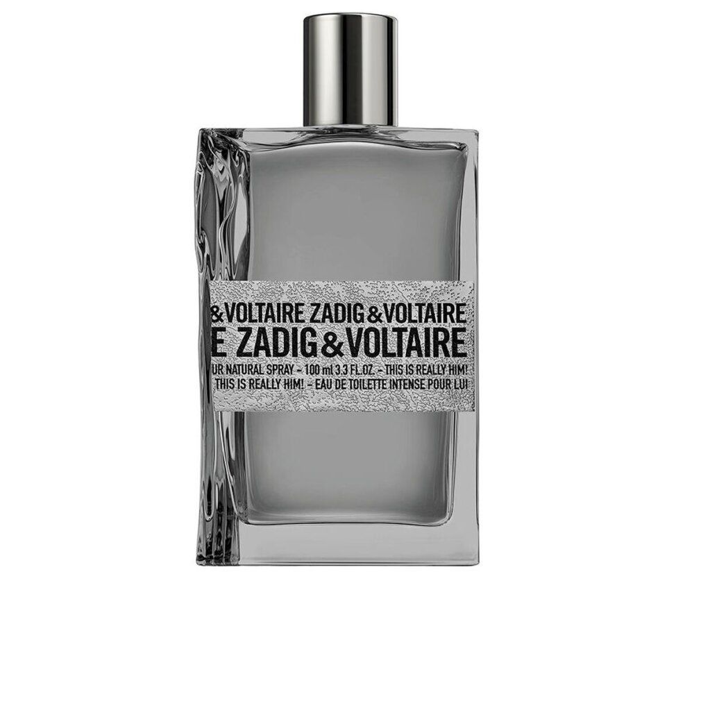 Grijze rechthoekige fles met zilveren dop. Opschrift: ZADIG & VOLTAIRE THIS IS REALLY HIM! Eau de Toilette.