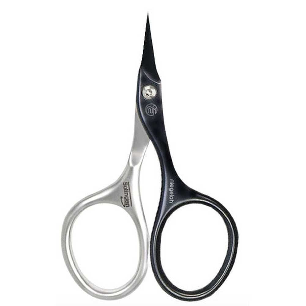 Cuticleschaar. Zwarte en zilveren handgrepen. Zwart blad. Merk Niegeloh Solingen.