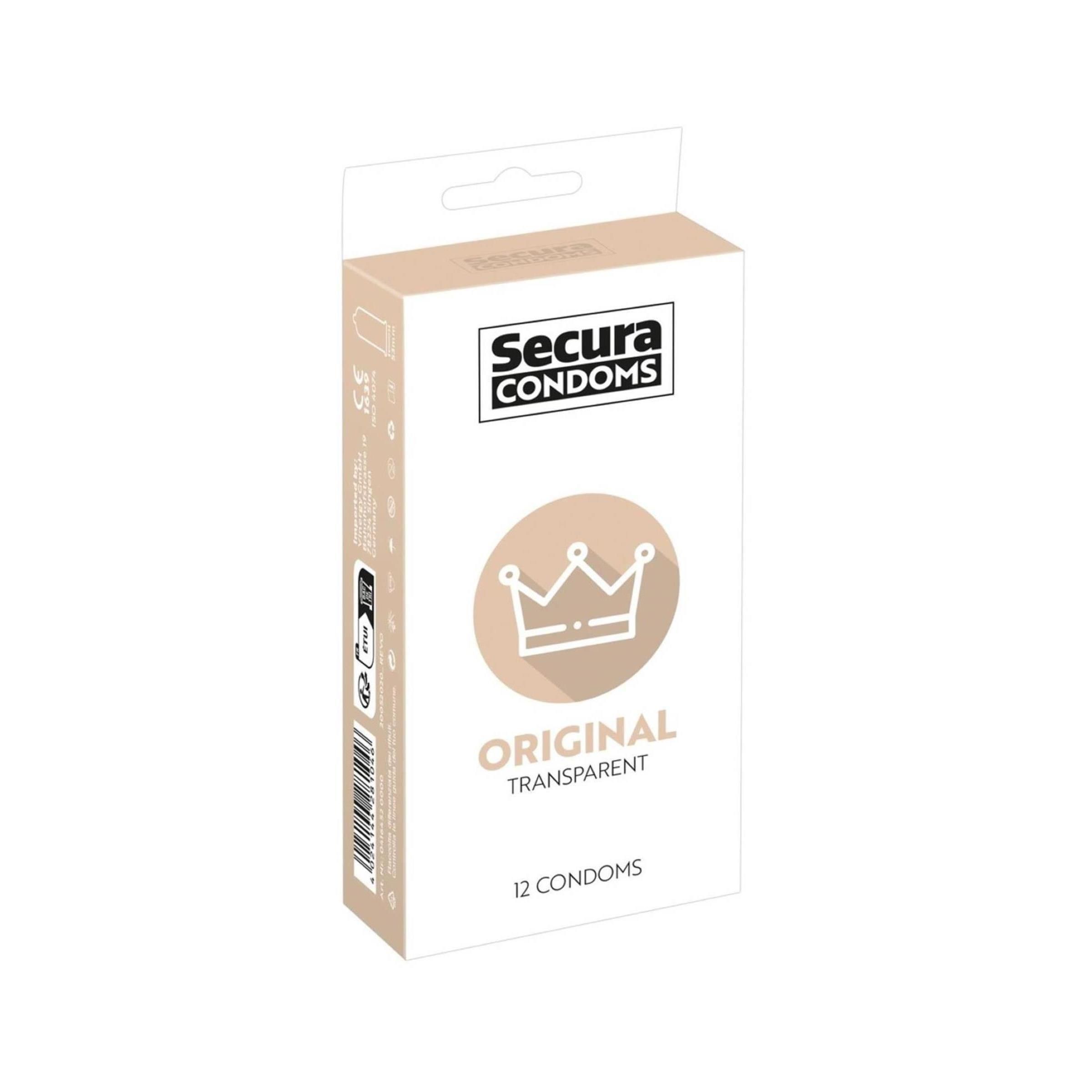 Doosje Secura Condoms. Original, transparant, 12 condooms. Met kroonafbeelding.