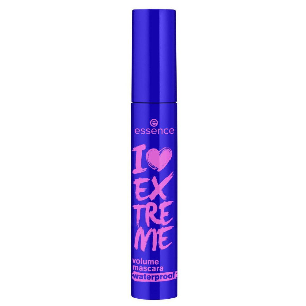 Tube de mascara bleu avec texte rose. Nom du produit : I Love Extreme Waterproof.