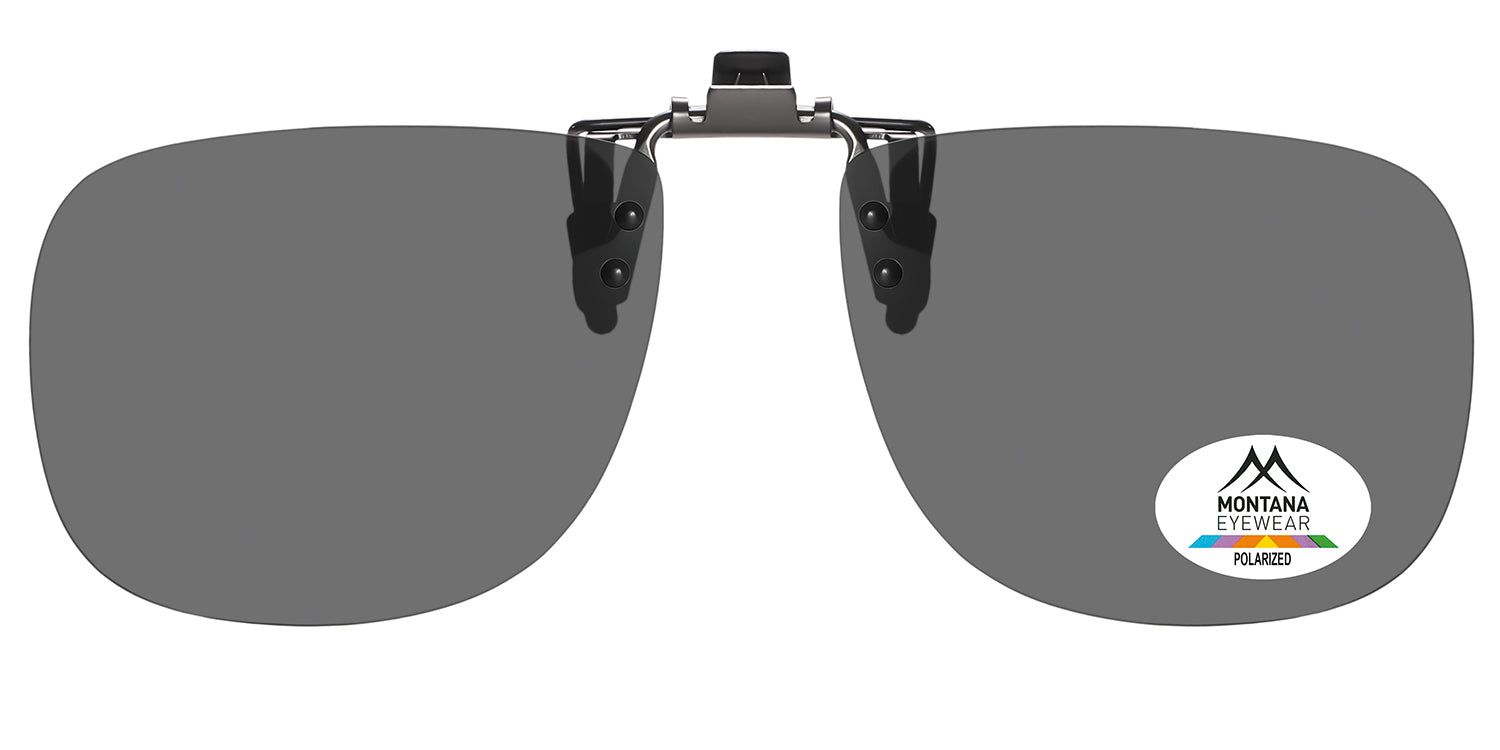 Lunettes de soleil clip-on Montana Eyewear Mauritius. Verres rectangulaires gris. Logo et indication de polarisation.