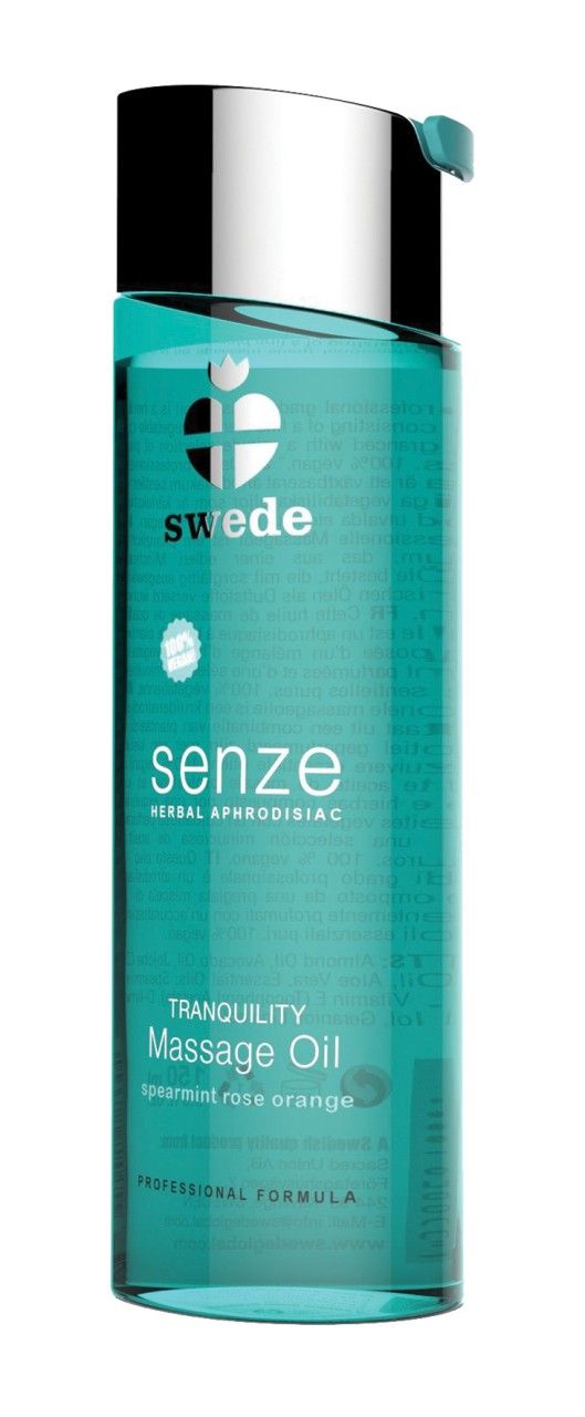 Bouteille d'huile de massage Swede Senze avec bouchon argenté. Liquide turquoise, étiquette avec informations produit.