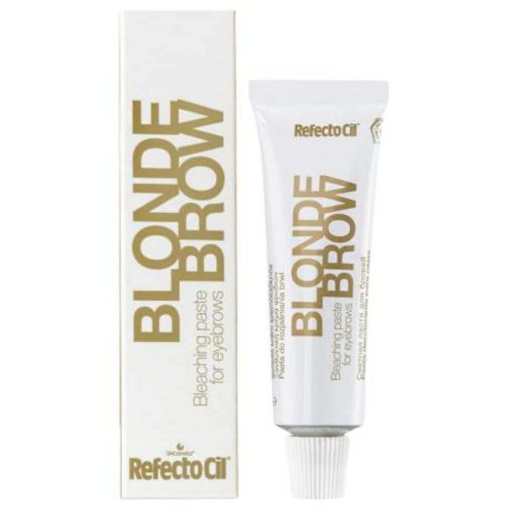 RefectoCil Blondierpaste voor wenkbrauwen. Tube en doos. Witte tube met gouden tekst.