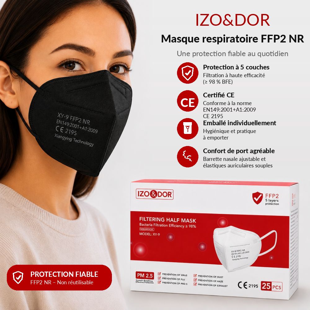 Emballage masques FFP2: 25 pièces, 5 couches, CE 2195, protection PM 2.5.