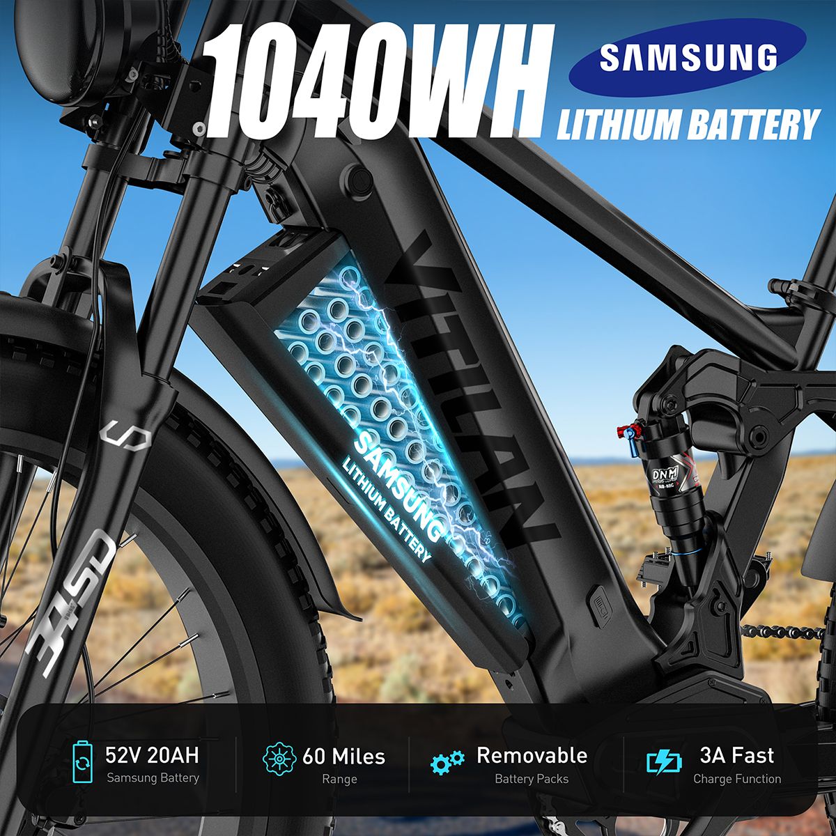 Vélo électrique avec batterie lithium Samsung 1040WH, 52V 20AH. Autonomie 60 miles. Batteries amovibles. Charge rapide 3A.