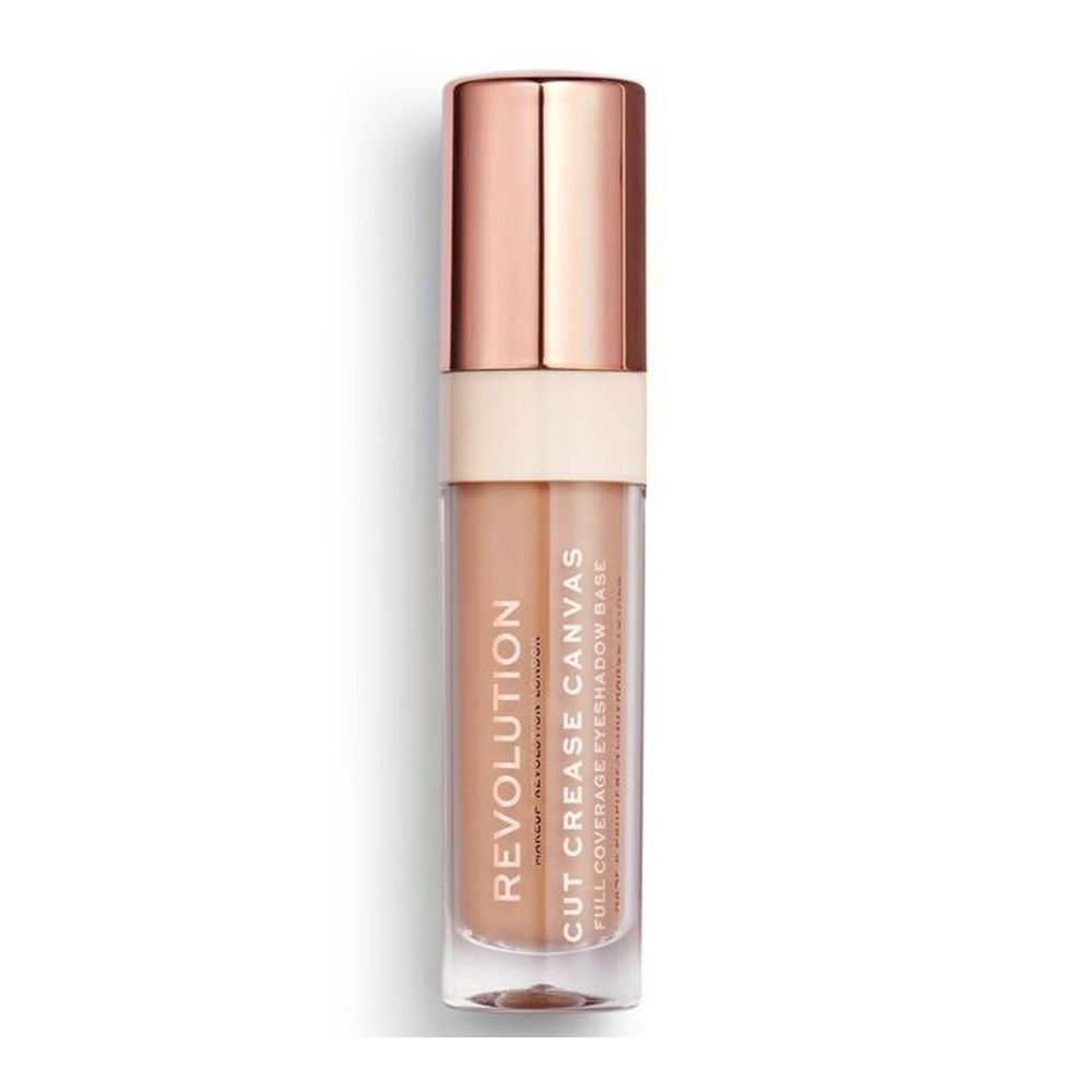 Oogschaduw primer in een transparante fles met roségouden dop. Tekst: CUT CREASE CANVAS.
