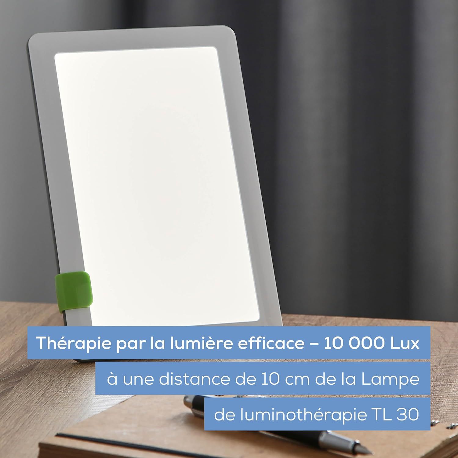 Lampe rectangulaire de luminothérapie lumineuse avec cadre gris et support vert. 10 000 Lux.