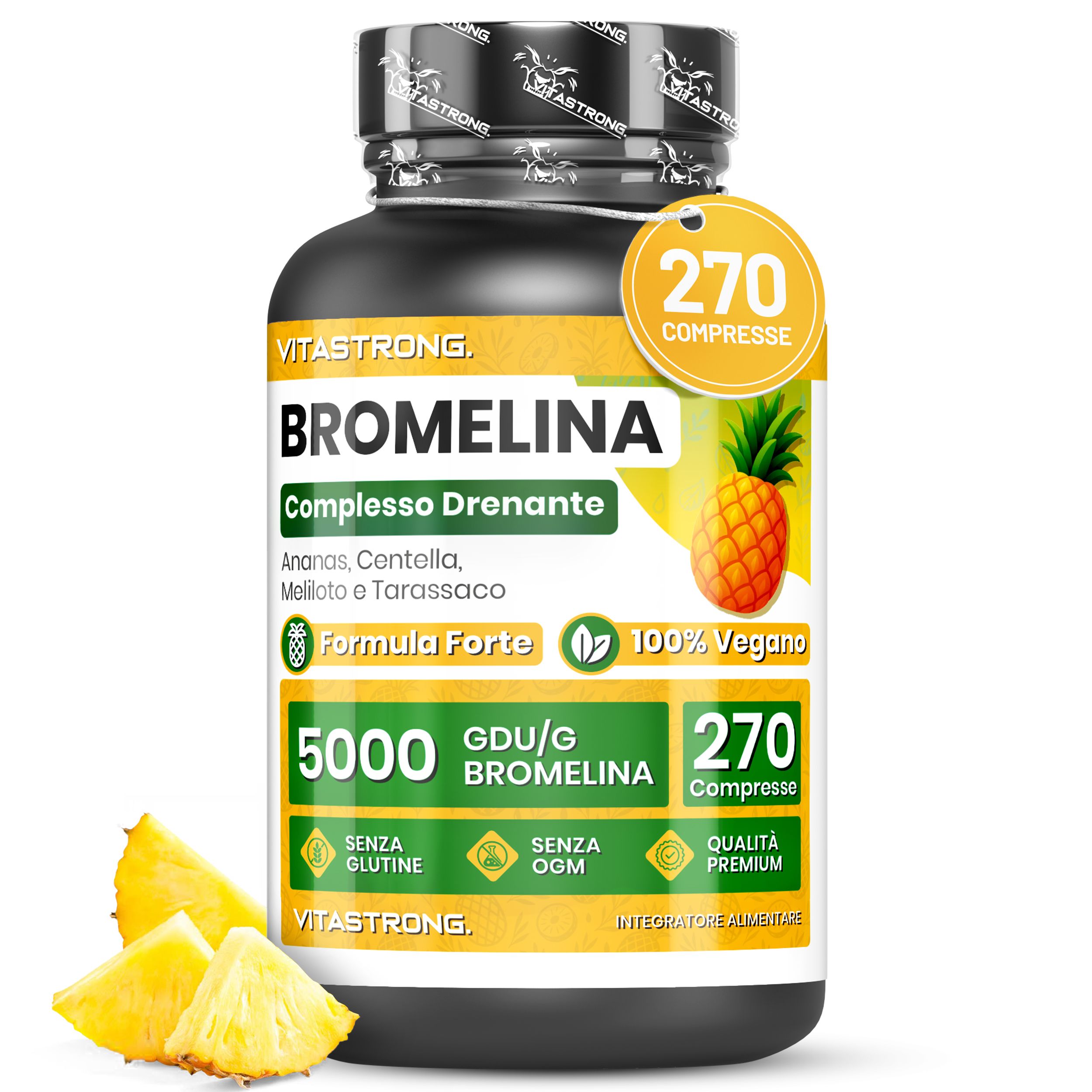 Flacon de comprimés Bromelain, illustration d'ananas. Texte : 270 comprimés, 100% végétalien. Logo Vitastrong.
